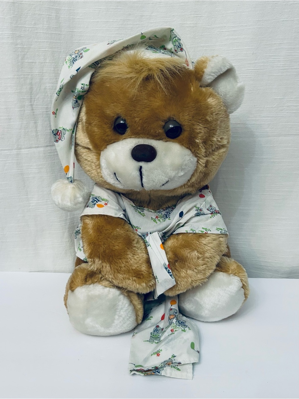 Vintage 1985 Cuddle Wit Plush Teddy Bear in Pajamas and Nightcap - Tan & White